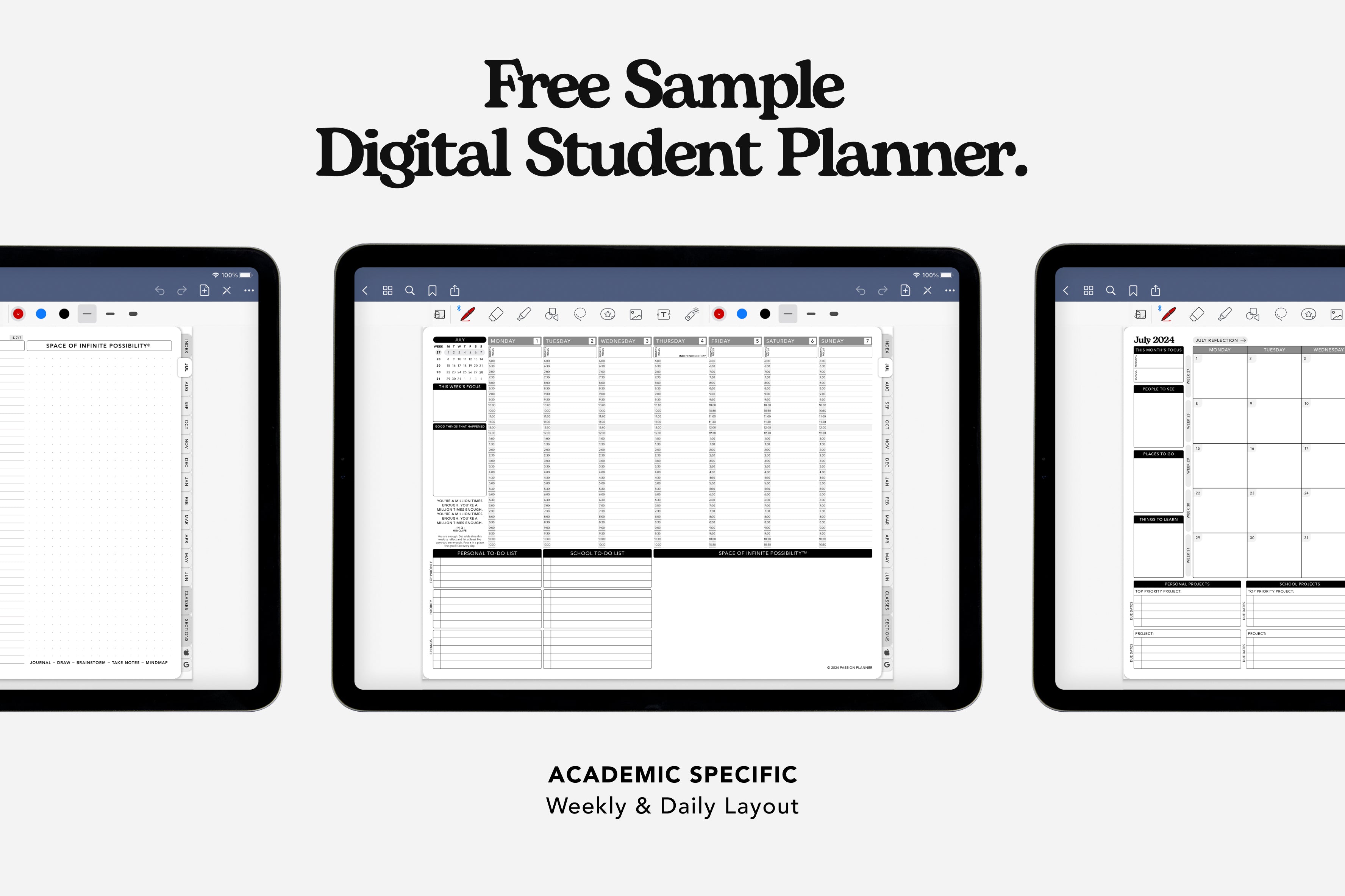 Free Digital Student Planner Sample - 2024 July Dated Weekly & Daily Layout - Monday Start